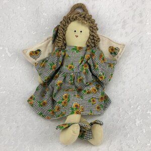 Vintage Cloth Doll Angel Dressed in Checkered and Sunflower Dress with Bows 16”